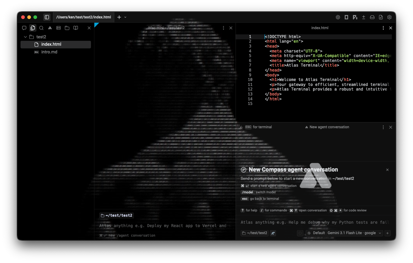 Atlas terminal with Compass workspace and a Pi session